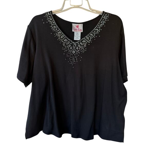 Quacker Factory Black Beaded bling V Neck Size 3X T-Shirt - Picture 1 of 11